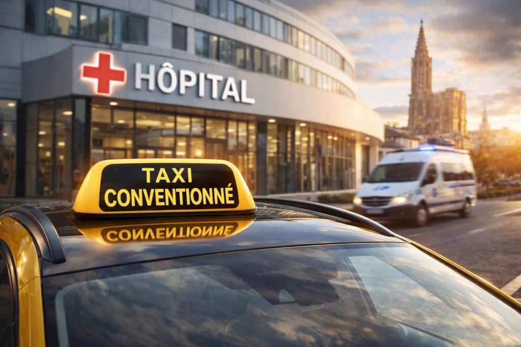 Taxi conventionné à Strasbourg devant un hôpital avec la cathédrale Notre-Dame en arrière-plan au coucher du soleil — transport médical Central Taxi 67.